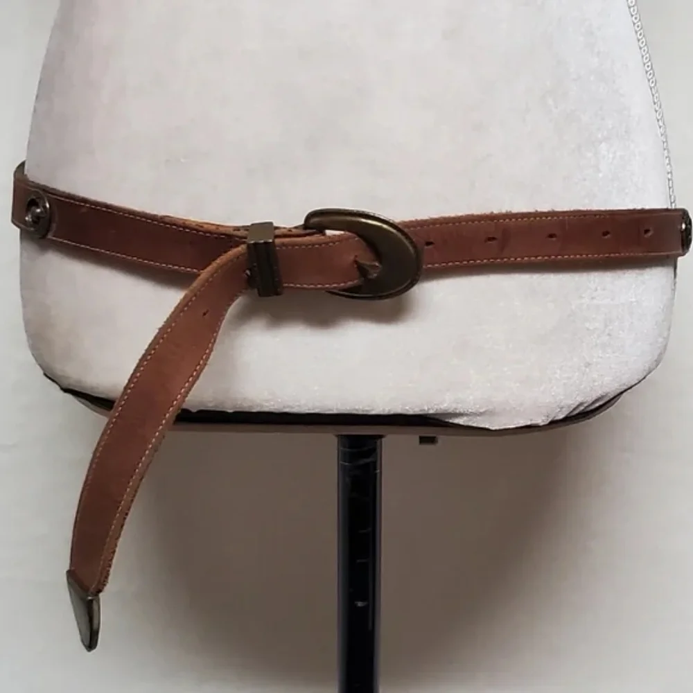 Unisex Vintage Joan & David Brown Leather Copper Stud Pointed Buckle Belt